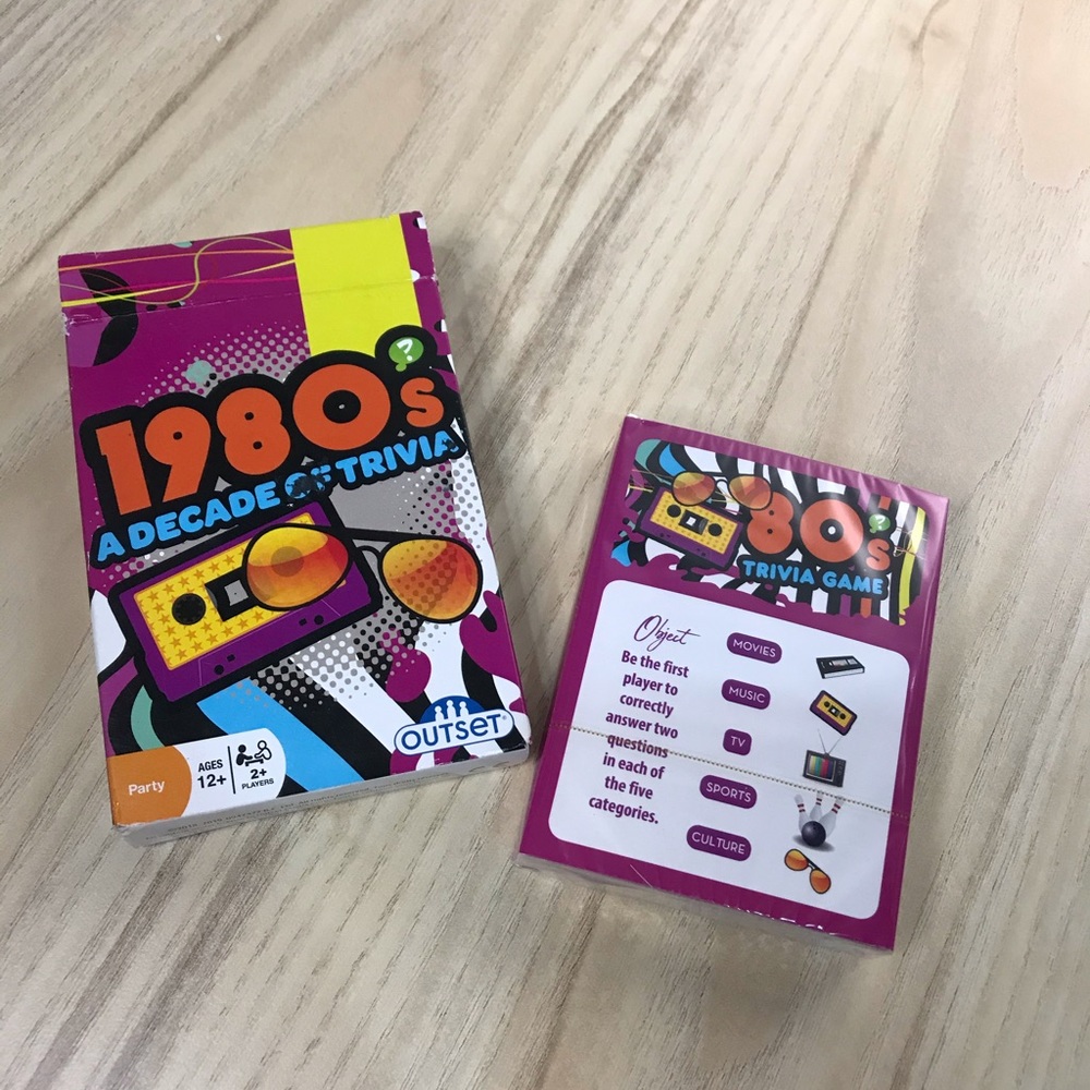 1980’s a decade of trivia card game by outset media